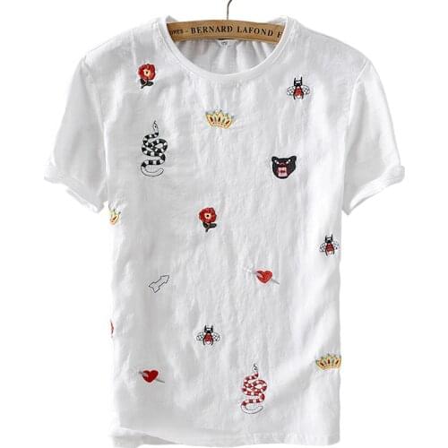 Exquisite embroidery summer t shirt men short sleeve linen t-shirt mens brand fashion male tshirt comfortable stretch camiseta