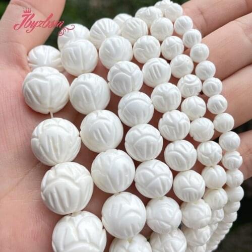 Natural AA Grade White Tridacna Shell Carved Lotus Round Stone Beads Loose For DIY Necklace Bracelet Jewelry Making Strand 15"