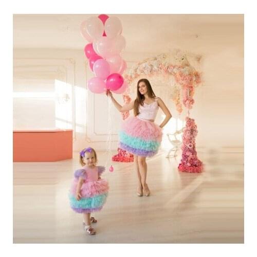 Cute Colorful Tulle Dresses Short Length Puffy Tiered Ruffles Custom Made Mother And Daughter Gowns