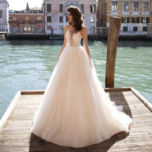 Wedding Dress A-Line Deep V-Neck Lace Appliques Sequined Spaghetti Straps Backless Tulle Floor Length Sweep Train Bride Gown