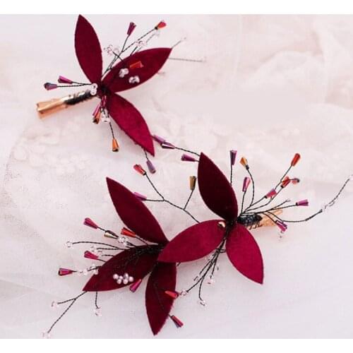 2Pcs/Set Boho Bridal Girls Crystal Hair Clips Rustic Wedding Red Floral Women Flower Hairpins Brides Hair Accessories