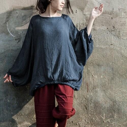 Johnature 2021 Autumn New Loose Blue O-Neck Original Vintage Fashion T-Shirts Women Lantern Sleeve Shirt Casual Top