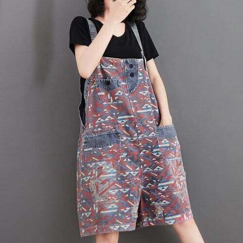 Fashion Summer Print Jeans 2021Denim Washed Overalls Women Loose Streetwear Trousers Casual Five-point Jumpsuit Bib Pants