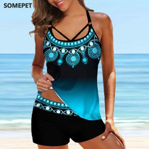 Women Sexy Tankini Beach Blue Print Backless 2 Piece Swimsuit Fashion Spaghetti Strap Female Bathing Suit Swimwear Plus Size 8XL