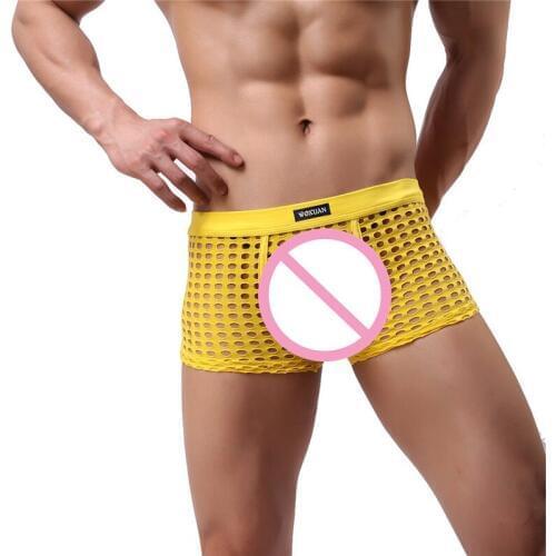 Sexy Mens Boxers Shorts Transparent Mesh Hollow Out Erotic Underpants Low Rise Man Sexy Male Solid Underwear Lingerie Trunk