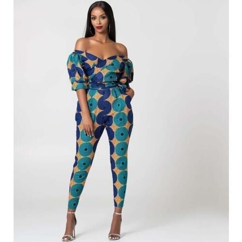 Autumn Sexy Casual Women Jumpsuit Women Off Shoulder Self Tie Digital Printing Jumpsuits 2020 New Puff Sleeve Elegant Jumpsuit