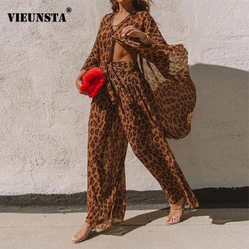 2021 Summer Leopard Print Women Two Piece Sets Spring V-neck Button Shirt Top and Wide Leg Pants Suit Sexy Loose Street Outfits