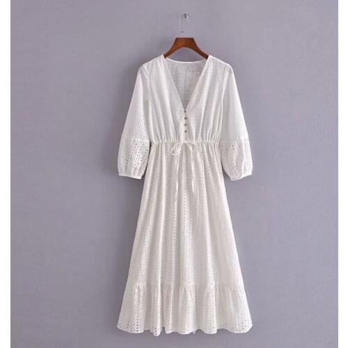 Lace Embroidery White Dress Women 2021 Fashion V Neck Short Sleeve Summer Sundresse Elegant Party Holiday Casual Dresses Vestido