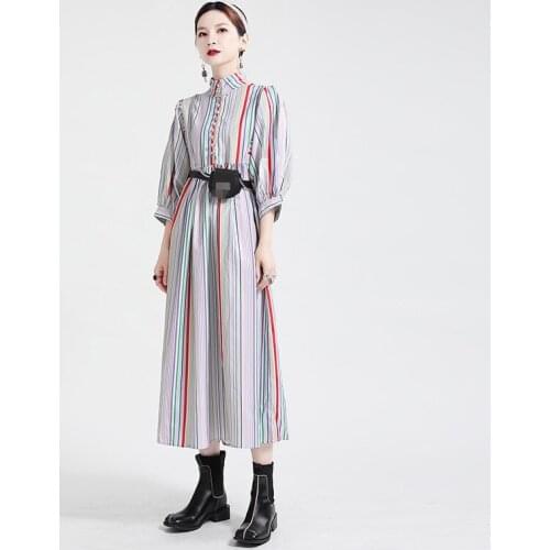 2021 New Autumn Casual Ladies Dress Striped Puff Sleeve Loose High Quality Women Dresses Fashion Elegant Female Dress T246