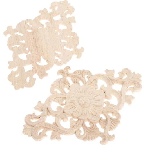 2pcs Wood Door Decals Elegant Unpainted Wooden Carved Onlay Applique Frame Home Wall Furniture Decor Figurines 21*15cm 3D Flower