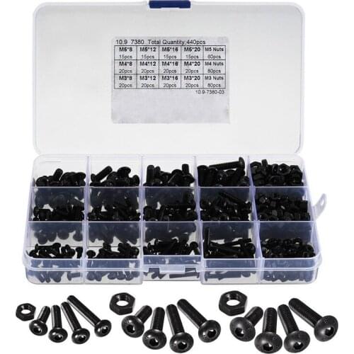440pcs M3 M4 M5 Alloy Steel Hex Socket Button Head Cap Bolts Screws Nuts Set