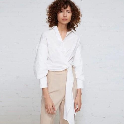 White Short Shirts Women Back Folds Bare Waist Straps Tops Spring Outdoor Leisure Nine Quarter Sleeve Turndown Collar Streetwear
