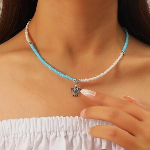 Boho Female Blue White Beads Handmade Beaded Necklaces For Women Ancient Silver Color Animal Turtle Tortoise Pendant Necklace