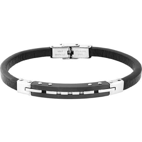 Runda Fashion MenS Black Leather Bracelet With White Zircon Square Brand Stainless Steel Jewelry For Boyfriend Gift