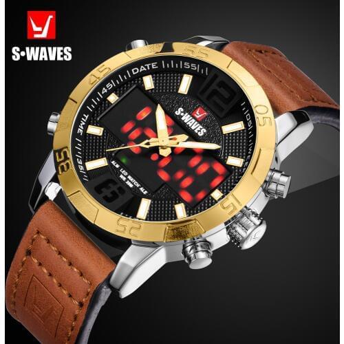 SWAVES Watches To Luxury Brand Leather Sport Casual Men Watch Quartz LED Digital Clock Waterproof Military Wrist Watch SW2055P