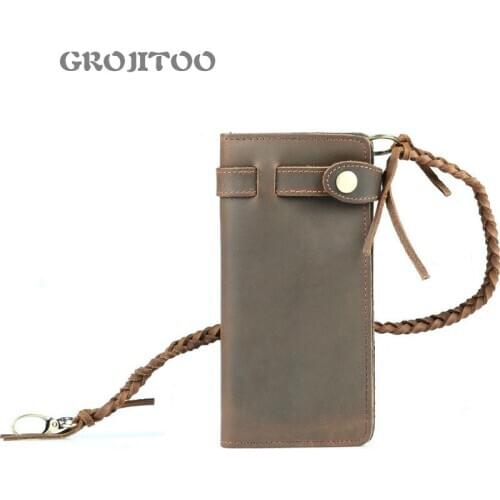 GROJITOO Genuine leather long wallet crazy horse skin mans hand bag with rope purse high-quality cowhide wallet