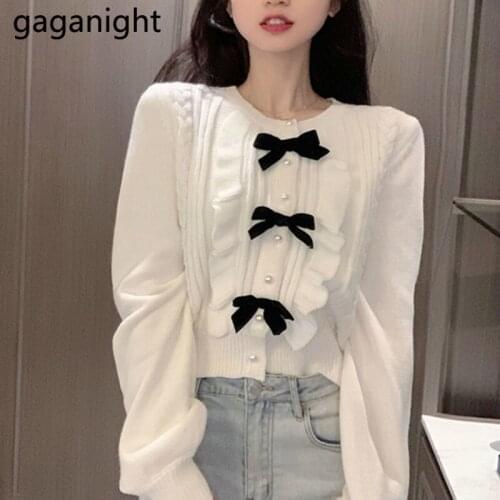 Gaganight Vintage Ruffles Bow Women Sweaters 2021 Autumn Winter Full Knitted Pull Femme Standard Loose Sweaters