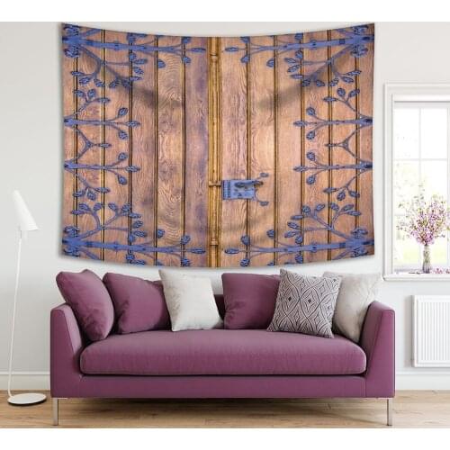 Tapestry Wooden Door with Decorative Metal Elements and Handle Floral Doorknob Historic Architecture Brown Blue Photo Printed