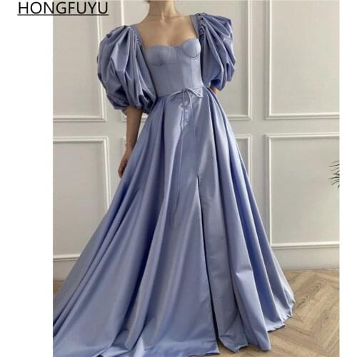 HONGFUYU Light Blue Taffeta Prom Dresses Draped Puff Sleeves A-Line Formal Gowns Slit Bow Sashes Long Evening Dresses платье