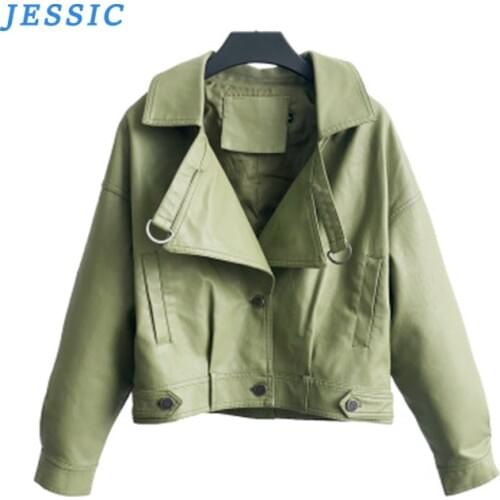 JESSIC 2020 Loose Pu Leather Batwing Sleeve Vintage Leather Jacket Street Casual Outwear Ladies Biker Multicolor Leather Coat