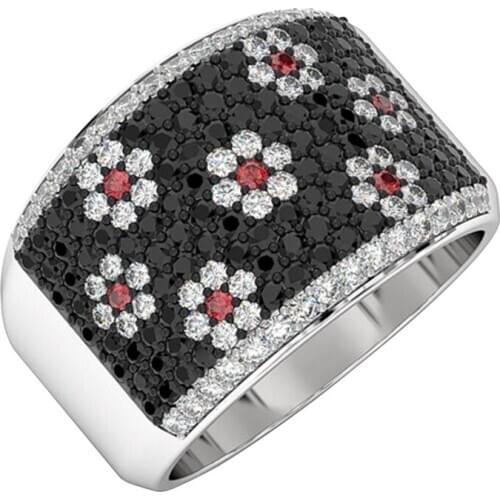 Women Ring Black Silver Plated Plum Cubic Zirconia Ring Banquet Couple Wedding Ring Fashion Jewelry Birthday Gift for Girlfriend