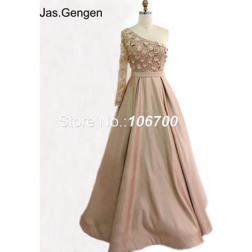 Real Photos 3D Flowers Embroidery Lace Evening Dress One Shoulder Long Sleeves Peals Sash Ballgown Prom Gowns robe de soiree