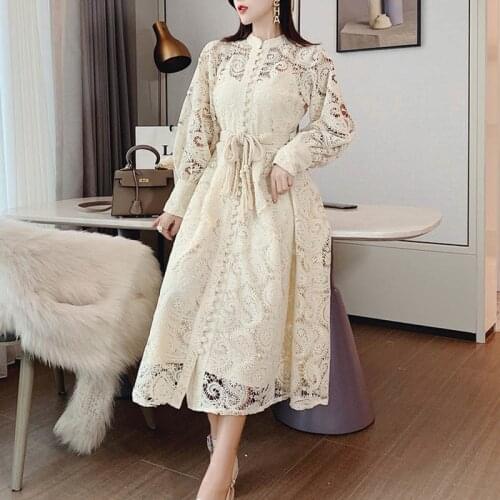 Midi Dress Women Embroidery Luxury Hollow Out Vintage Elegant Long Sleeve Vestidos A-Line Party Sashes Lace Spring Vestido
