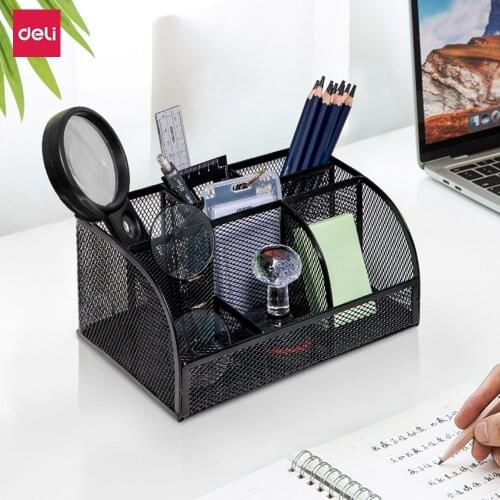 Deli Combination Pencil Holder Multi-function 7 Grid Storage Box Metal Mesh Desktop Storage Tool With Anti Slip Groove Design