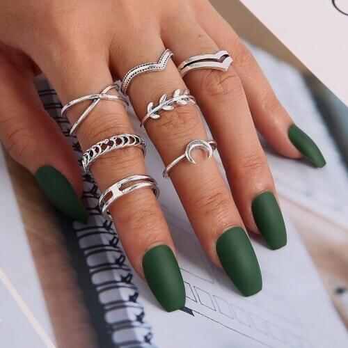 7 PCS/set Women Fashion Rings Leaf Moon Geometric Ancient Silver Color Finger Ring Set Bohemian Vintage Jewelry