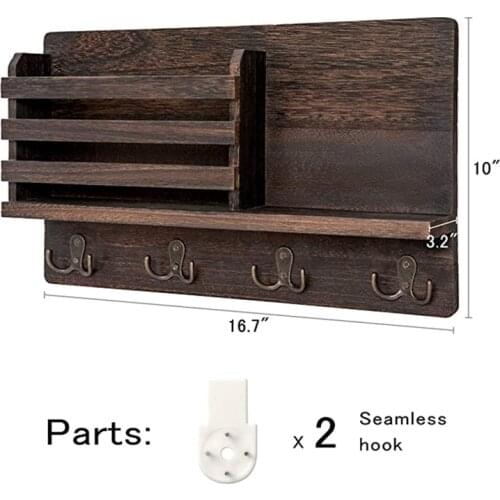 Wall Mounted Mail Holder Wooden Mail Sorter Organizer with 4 Double Key Hooks and a Floating Shelf Rustic Home Decor
