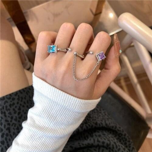 New Ins Romantic Blue Purple Crystal Ring Temperament Transparent Rhinestone Open Ring For Women Girls Fashion Jewelry Gift
