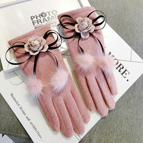 New Korean touch screen five fingers cute cartoon bow warm women autumn and winter gloves mittens