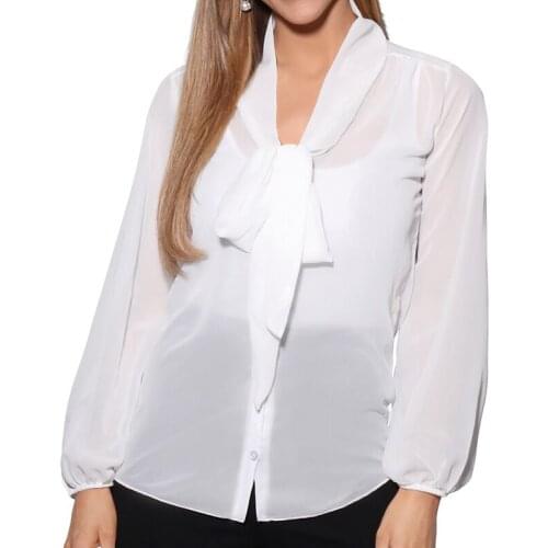 Lace Up Bow Tie Shirt 2021 Summer Spring Long Sleeve Chiffon Casual Blouse Plus Size 2XL Office Lady Blusas