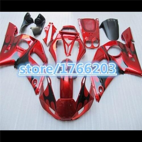 Fit for R6 fairing kit 1998-2002 YZF R6 600 black flames YZF R6 98 99 00 01 02 black flames in red fairing bodyBBF