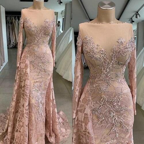 New Luxurious African Dubai Mermaid Prom Dresses Sheer Neck Lace Beaded Evening Dresses Vintage Formal Party Dresses