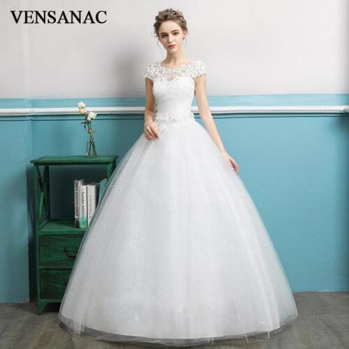 VENSANAC 2018 Short Cap Sleeve Ball Gown Crystal O Neck Sequined Wedding Dresses Lace Appliques Backless Bridal Dress