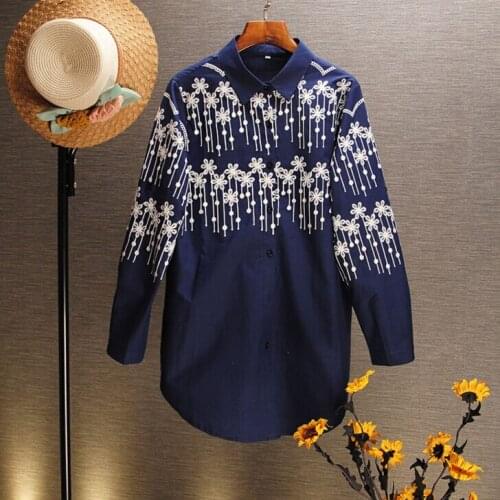 Womens Spring autumn A-Line embroidery long Shirt Female Vintage National Loose Casual plus size cotton Shirt Blouse TB1015