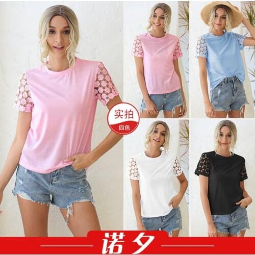 T Shirts Women 2021 Summer Hot European Womens Round Neck Crocheted Hollow Sleeve Solid Color T-shirt Tshirt Tops Women LX1657