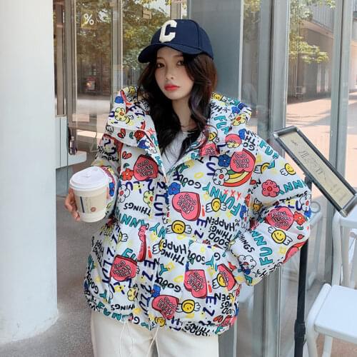 2021 Winter Oversize Cartoon Print Padded Coats Women Korean Fashion Short Hooded Parka Female Casual Warm Down Jacket Harajuku