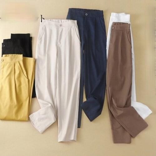 Womens Linen Cotton Pants White Capri Vintage Casual Waisted Classic Harem Pants for Women Summer Calf-length Trousers 15502