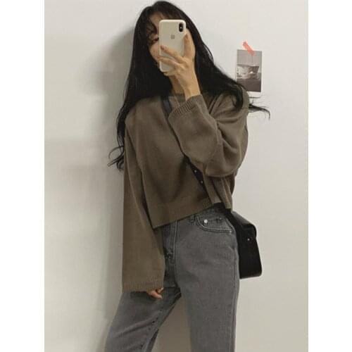 Japan Style Women Short Knitting Sweater Loose Simple Cool Sweet Girl Apricot Preppy Style Student O-Neck Long Sleeve Pullover