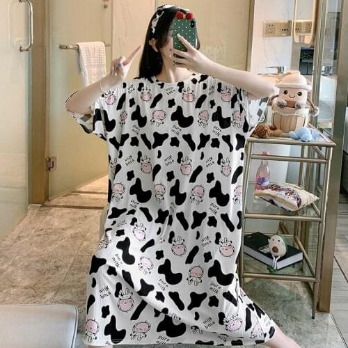 2021 Summer Plus Size Short Sleeve Loose Nightgowns for Women Cute Cartoon Cow Long Dress Sleepwear Nightdress Night Gown Nighty