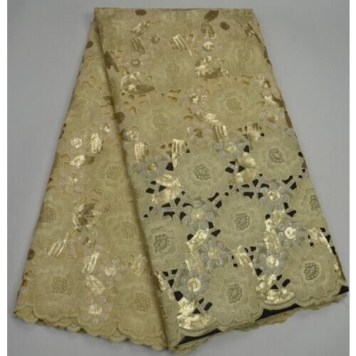 Free shipping (5yards/pc) High quality cream gold African handcut organza lace fabric with embroidery and sequins for dress OP55