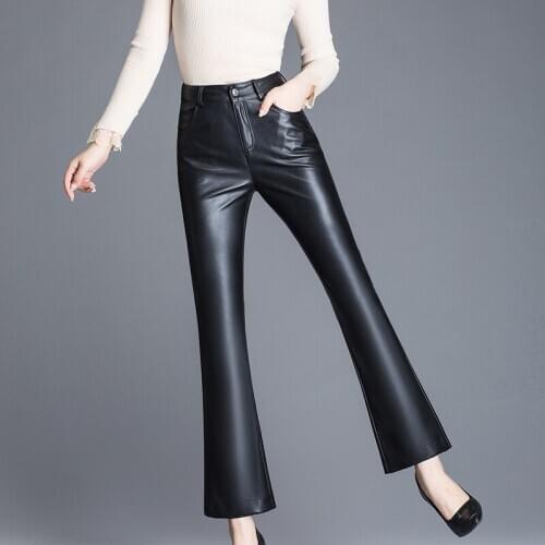 New Women Black Faux Suit Leather Flare Pants Ladies Elegant Elastic Stretch Pu Leather Skinny Trousers Streetwear Female Pants