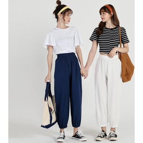Spring Summer Casual Style Cotton Linen Pants Women New Elastic Waist Solid Basic Retro Loose Womens Harem Pants Trousers