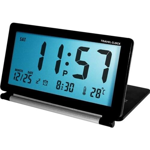 Digital Travel Alarm Clock Battery Operated LCD Clock Silent with Date Temperature Snooze Night Light and PU Leather Cover decor