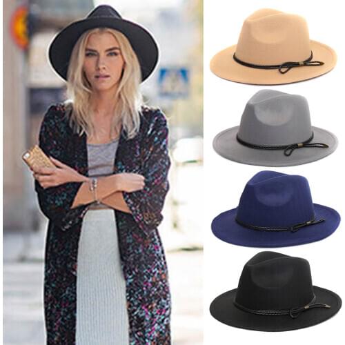 Hot Sale Stylish Retro Top Hat Crushable Wool Felt Hats Wide Brim Belt Cap for Women NOV99