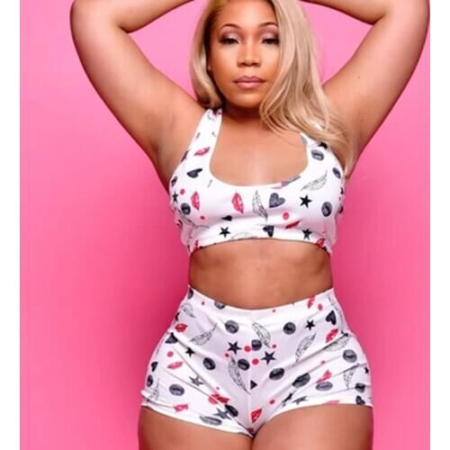 2Piece set Women Fashion Printed Casual Crop Top Bra and Elastic High waist Shorts Summer Tracksuit Sexy Bodycon New Pjs Sets