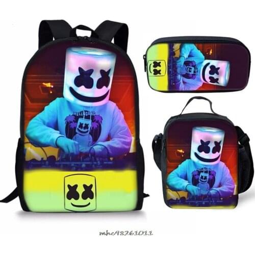 3Pcs Set Marshmello Printing Satchel Laptop Rucksack Backpack Student School Shoulder Lunch Pencil Bag Teenager Travel birthday