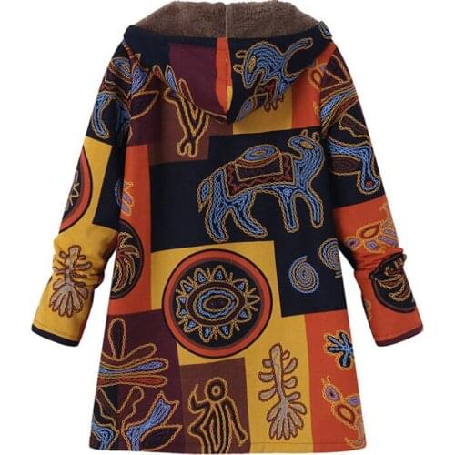 Female Vintage Jacket Plush Women Windbreaker Winter Warm Outwear Ethnic Floral Print Hooded Pockets Casual Oversized Coats